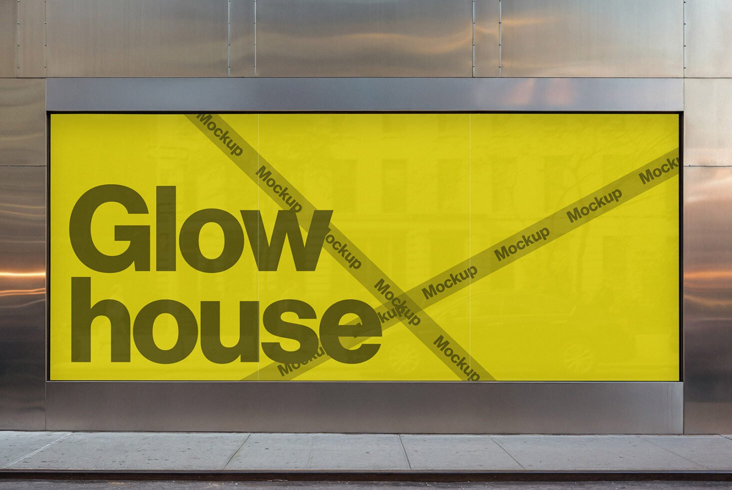 Yellow poster mockup on urban wall with Glow house text Design template for advertising Outdoor signage mockup for graphic designers and creatives
