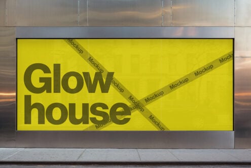 Yellow poster mockup on urban wall with Glow house text Design template for advertising Outdoor signage mockup for graphic designers and creatives