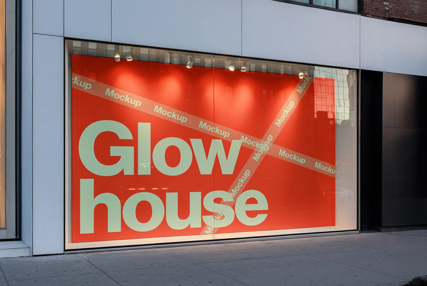 Storefront window mockup featuring bold typography on red background Glow house. Perfect for designers seeking realistic display graphics templates.