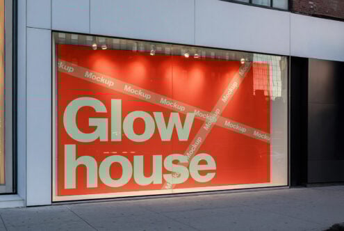 Storefront window mockup featuring bold typography on red background Glow house. Perfect for designers seeking realistic display graphics templates.