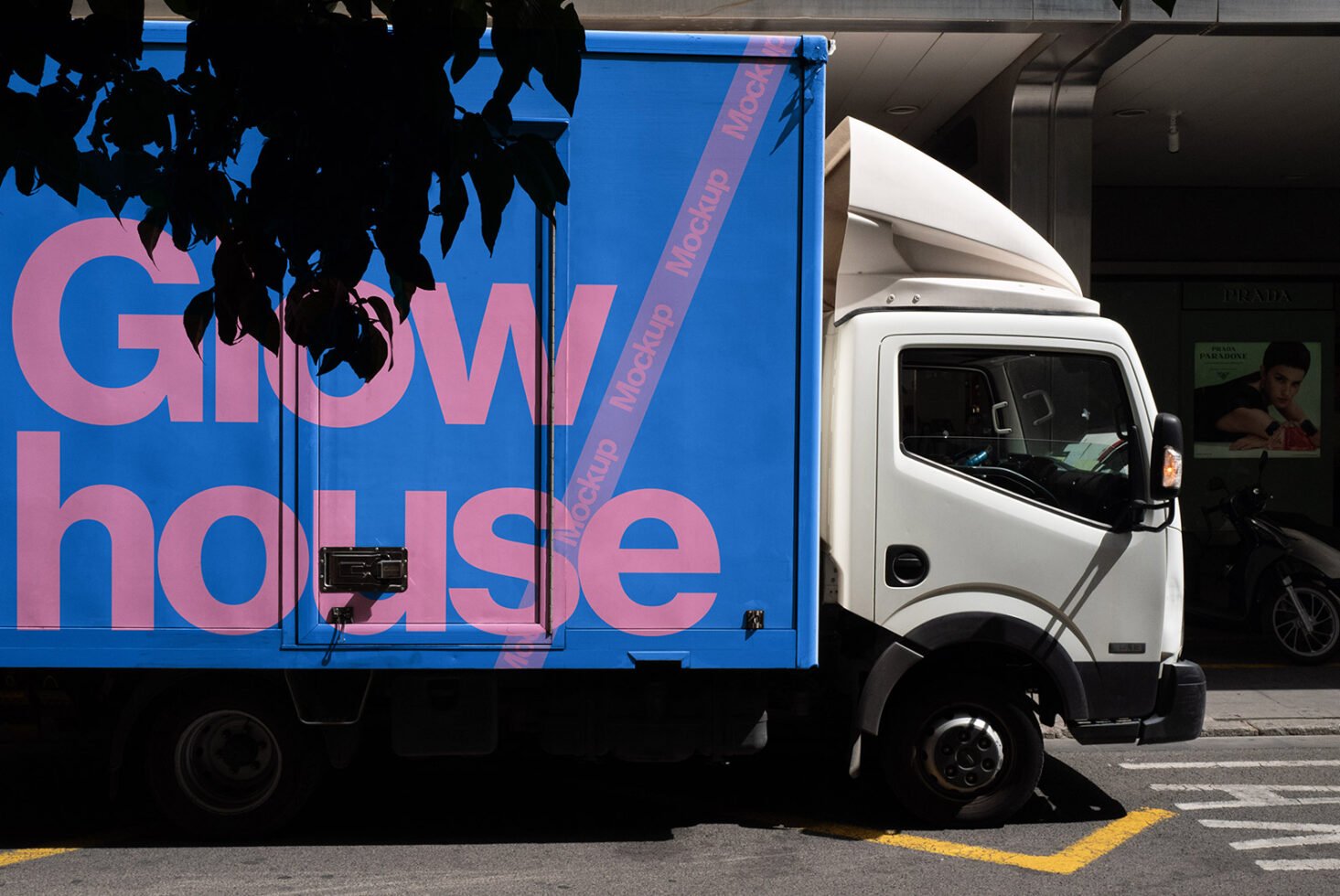 Delivery truck mockup with blue and pink design; perfect for showcasing branding and logo placements; ideal for graphic designers and marketing projects.