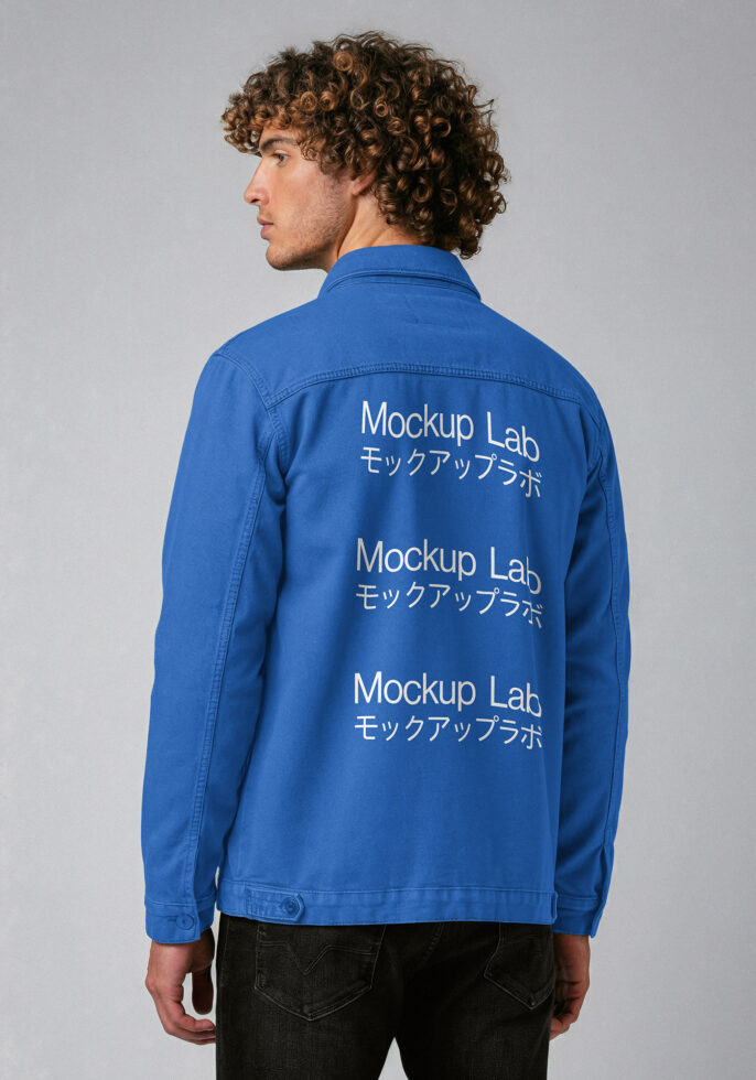 Man wearing blue jacket with Mockup Lab text in Japanese and English on back ideal for apparel mockup showcase design templates fashion designers