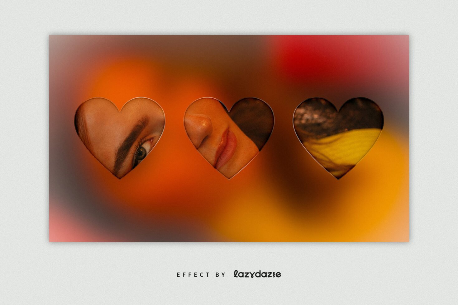 Heart cutouts with an abstract face view on a vibrant background showcasing a unique graphic design idea for designers and digital art projects.