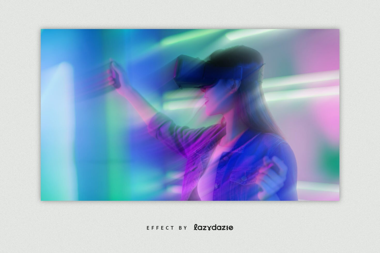A person wearing VR headset interacts in motion with neon lights effect. Suitable for digital graphics or mockup design for designers.