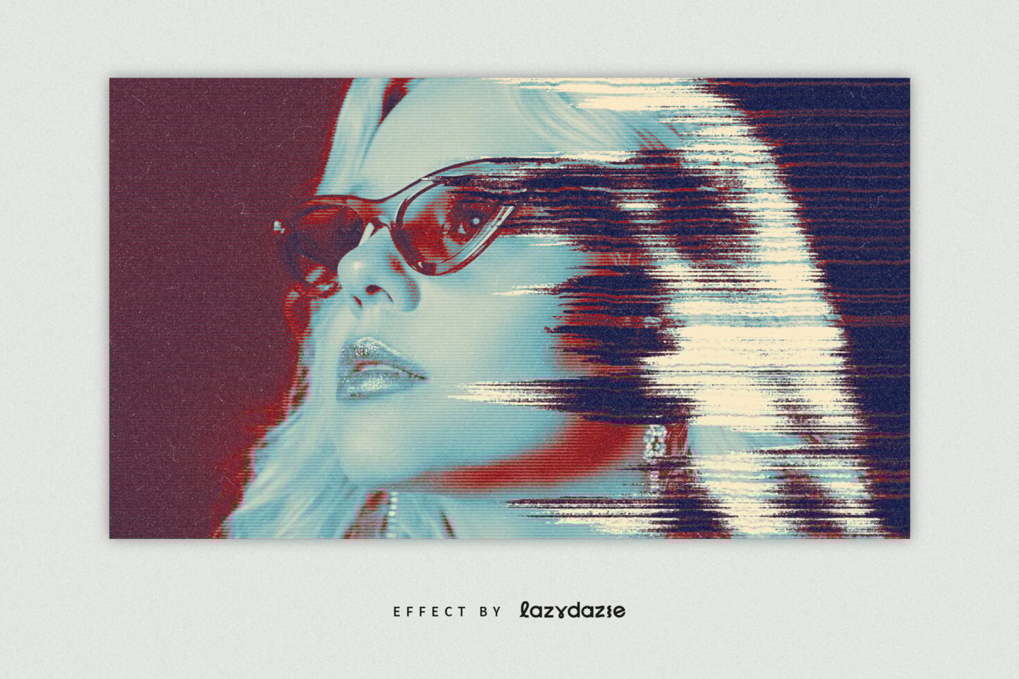 Retro glitch photo effect featuring a woman's face with sunglasses in red and blue tones perfect for digital art templates and graphic design assets.