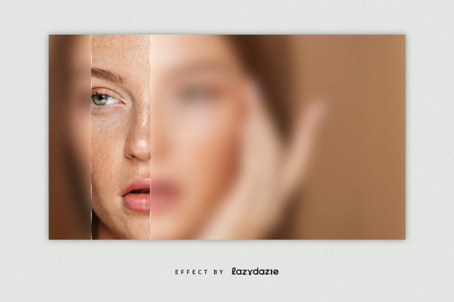 Woman's close-up face with soft-focus blur vertical line transition