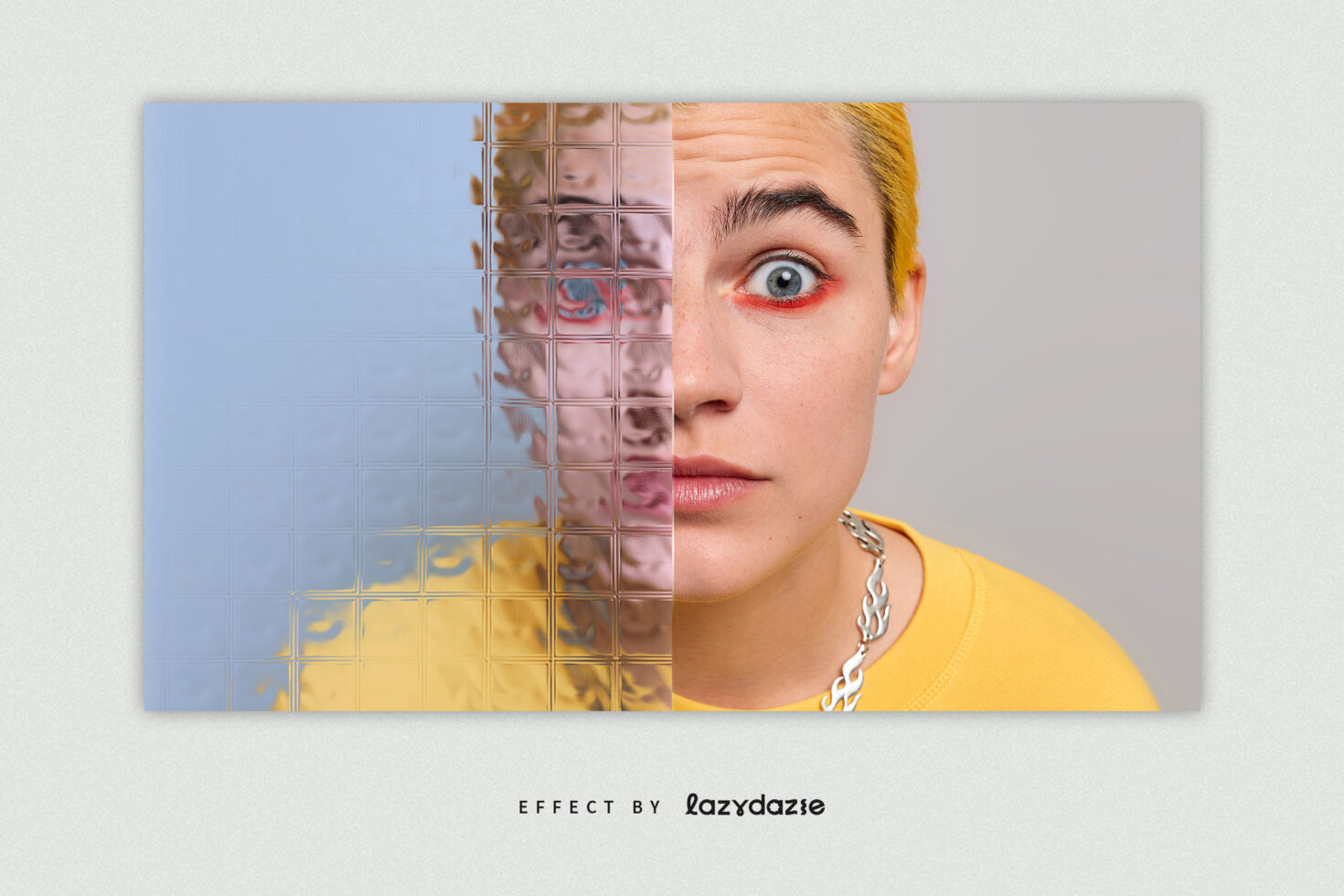 Creative portrait effect mockup showing a half-face photo of a person with abstract glass filter overlay, ideal for graphic design projects.