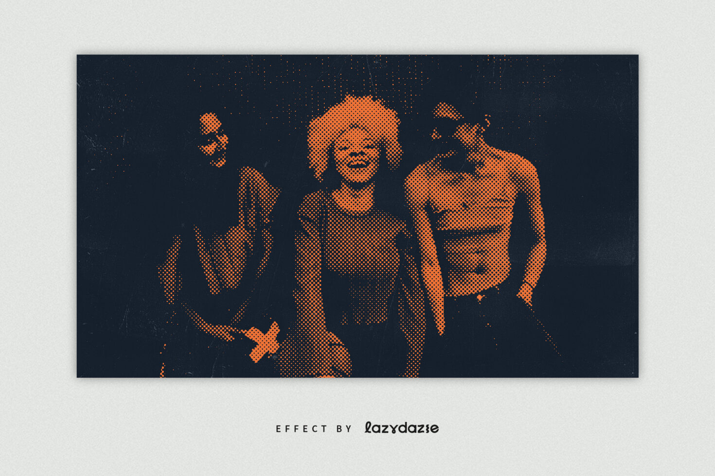 Halftone filter effect on group of three people smiling. Pixelated art style. Ideal for graphic designers seeking retro pop art visuals.