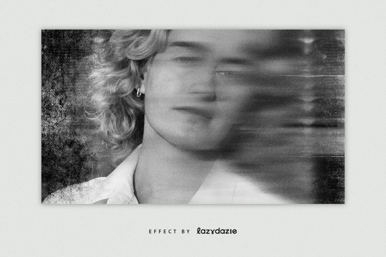 Black and white distorted portrait effect showcasing vintage glitch design. Ideal for graphics and template projects needing retro visual aesthetics.