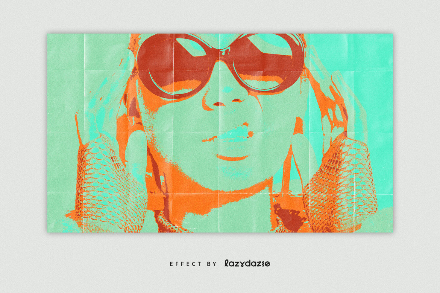 Pop art effect of a person with sunglasses and mesh gloves in vibrant orange and teal tones. Ideal for graphics, posters, and creative digital projects.