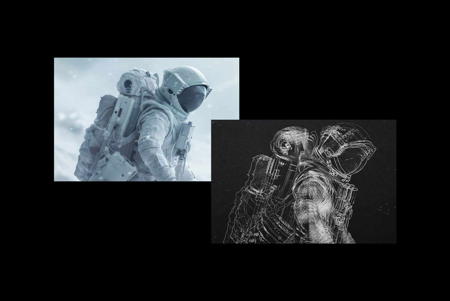 Astronaut graphic illustration in snowy landscape with detailed linework overlay. Suitable for designers seeking unique digital templates and space-themed assets.