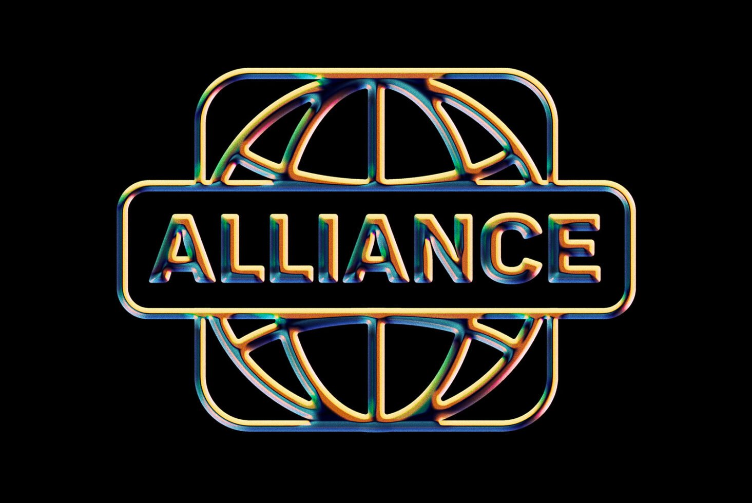 Rainbow typography spells Alliance over a stylized globe. Glossy metal texture on black background, perfect for logo design or branding templates.