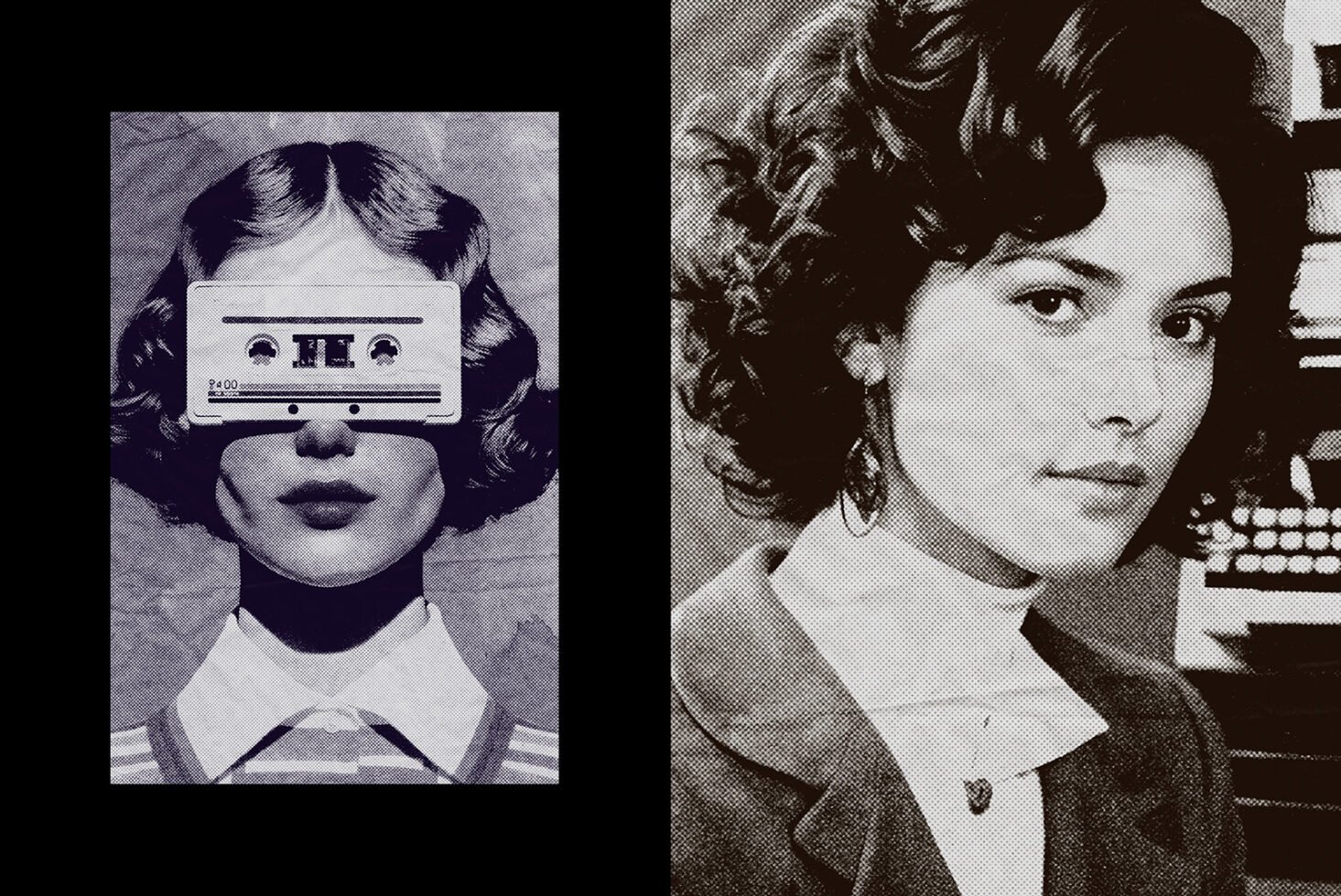 Halftone graphic featuring retro woman with cassette tape overlay and a vintage portrait; ideal for designers seeking unique, nostalgic templates.