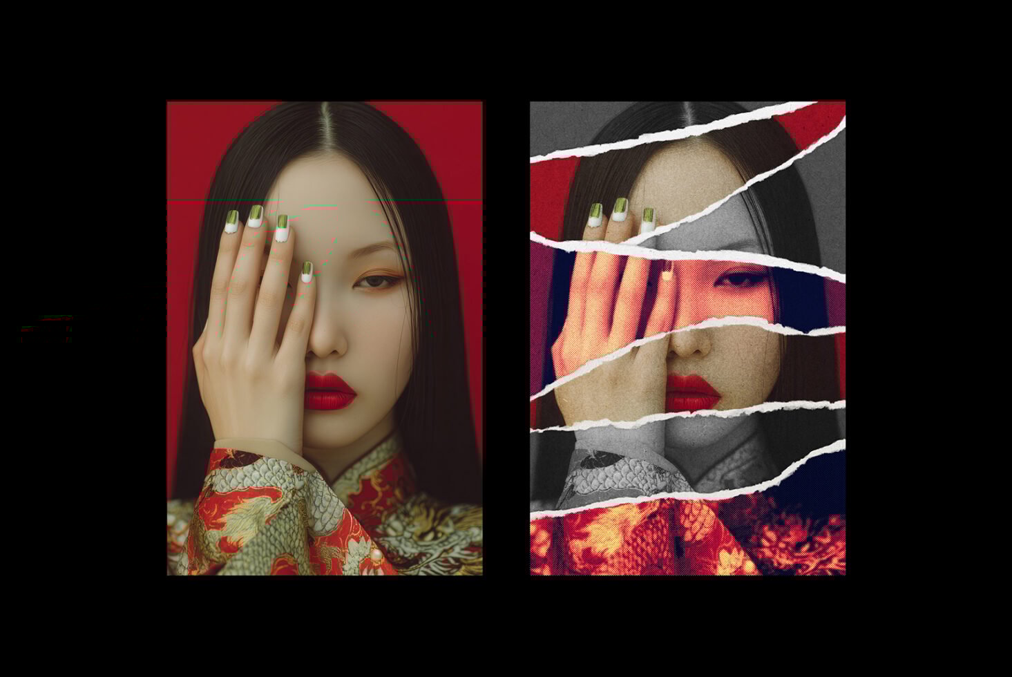Portrait of a woman with hand on face in intricate garment, showcasing elegant nail art. Creative design suitable for graphics mockups templates.