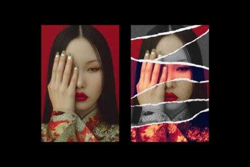 Two portrait compositions with diagonal torn paper revealing colored halftone underneath