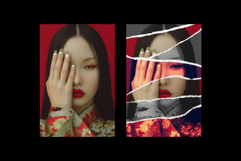 Two portrait compositions with diagonal torn paper revealing colored halftone underneath