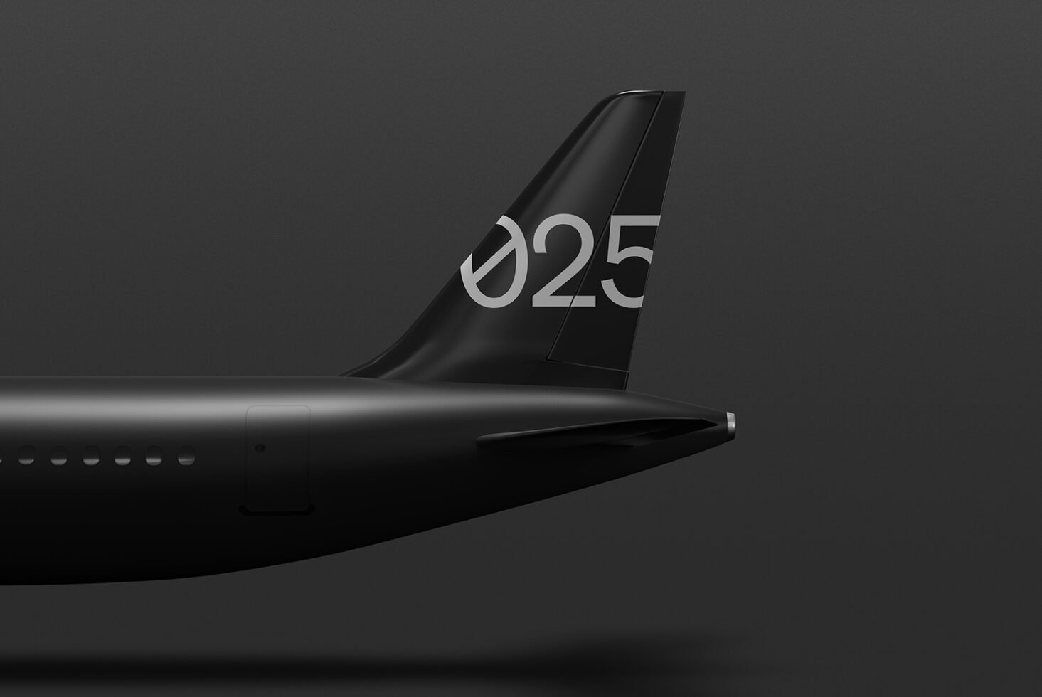 Black airplane tail with number 025, sleek design. Ideal for mockups, graphic projects, branding, and templates. Vector illustration. Designers' resource.