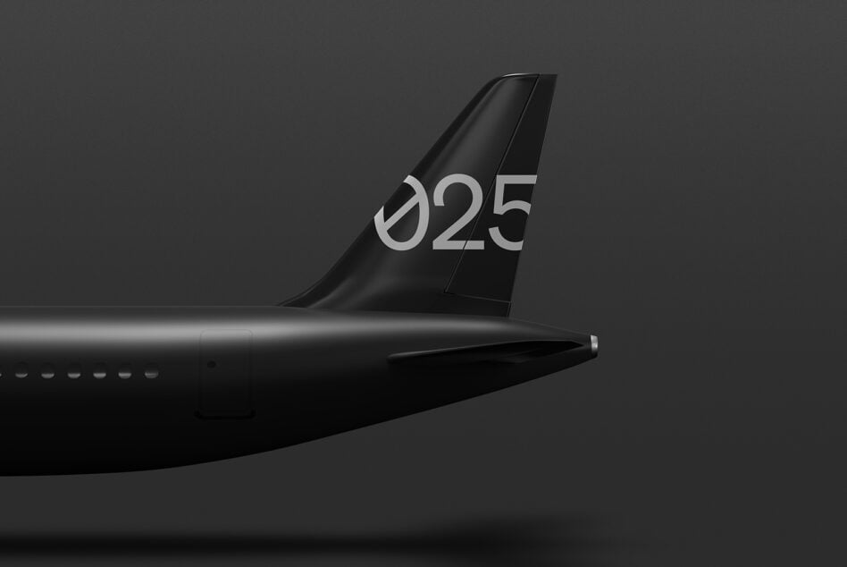 Black airplane tail with number 025, sleek design. Ideal for mockups, graphic projects, branding, and templates. Vector illustration. Designers' resource.