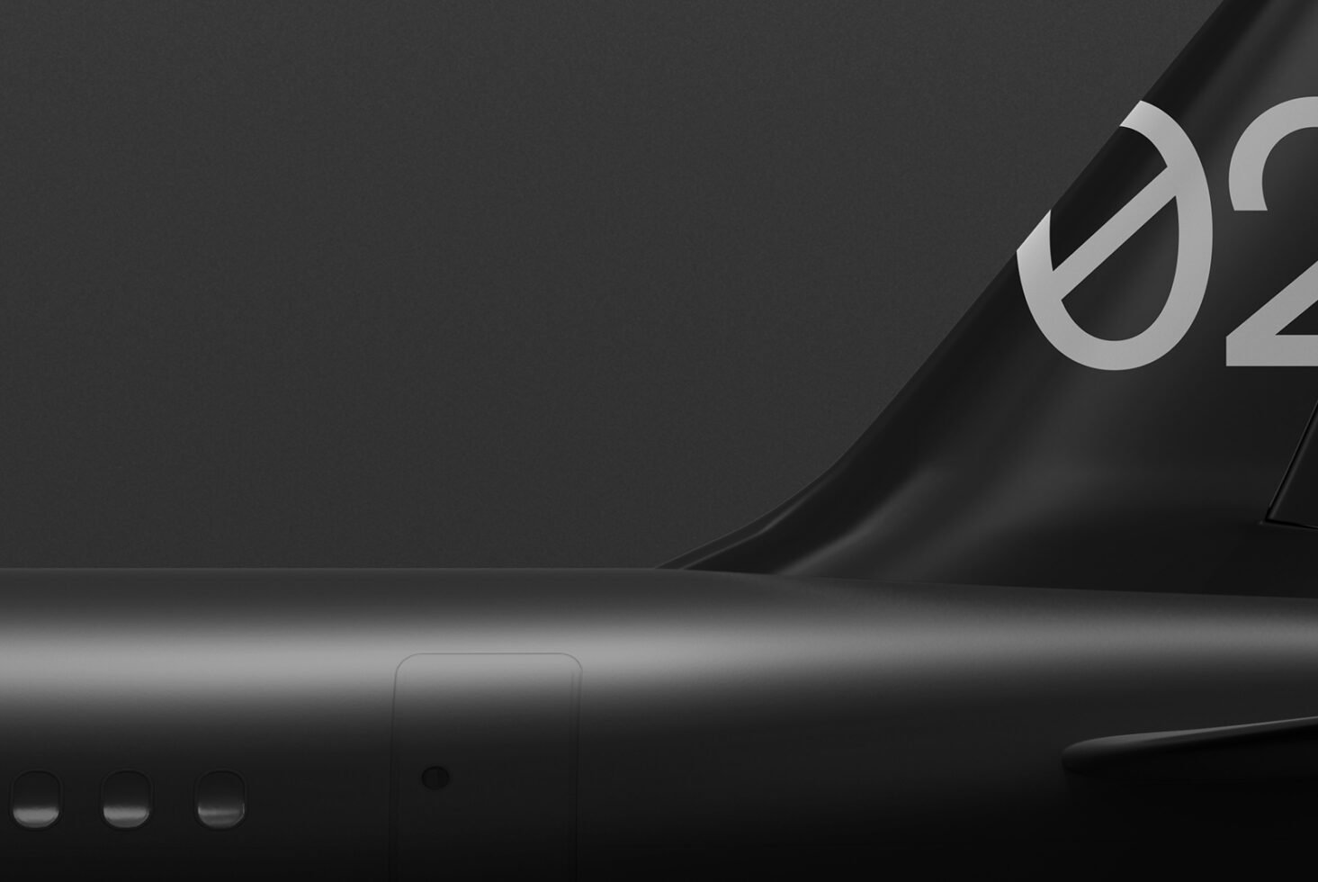 Minimalist black airplane tail design with number 02 visible. Sleek and modern aircraft mockup for graphic designers and template creators.