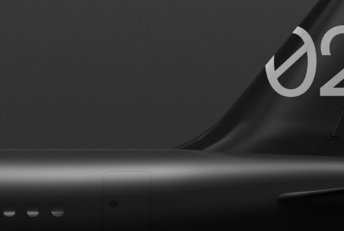 Minimalist black airplane tail design with number 02 visible. Sleek and modern aircraft mockup for graphic designers and template creators.