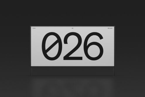 Minimalist black and white poster mockup features bold numbers 026 on a dark background. Ideal for designers, digital graphics, templates, and typography.