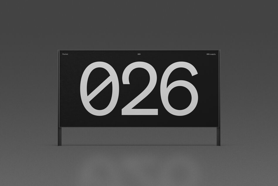 Billboard poster mockup displaying large 026 number on black background outdoors