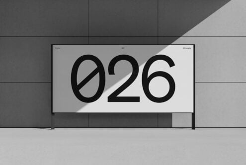 Minimalist poster mockup displaying large numbers on a white background with shadow. Suitable for graphic design presentations and digital assets.