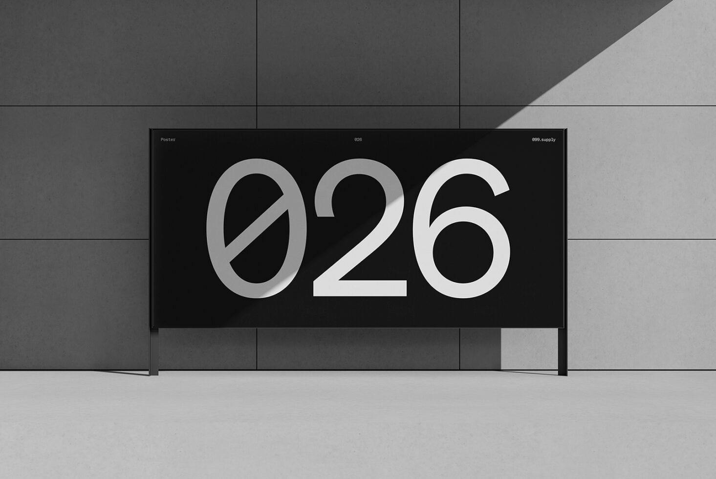 Minimalist digital billboard mockup featuring bold number 026 against a modern concrete wall. Ideal for showcasing graphics templates designs.