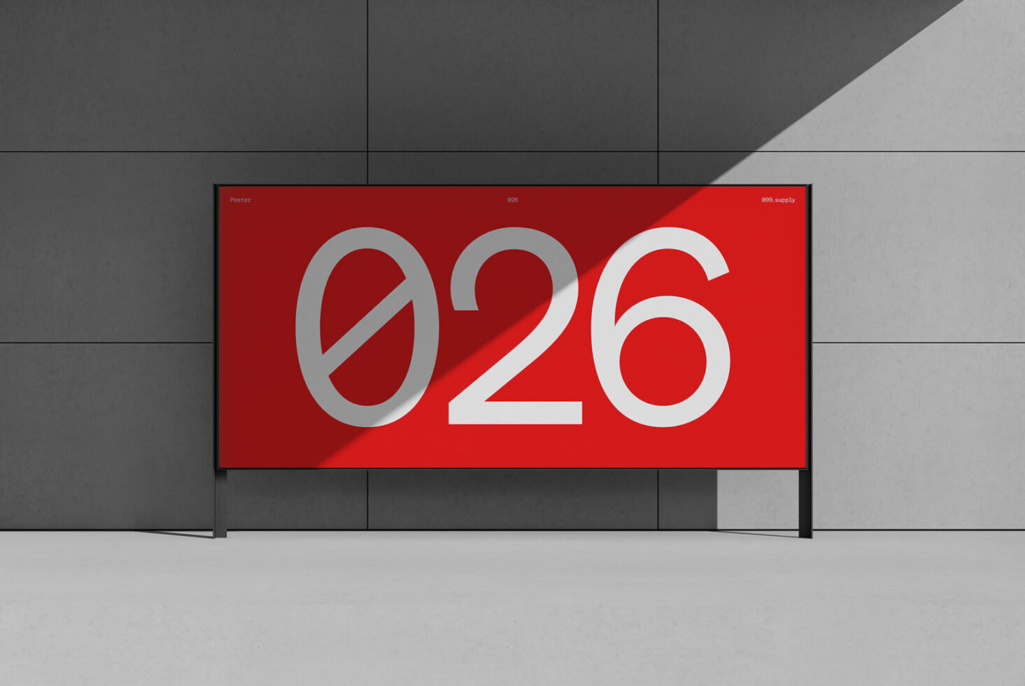 Minimalistic mockup of a large wall poster with bold zero and twenty-six in white on red background ideal for graphic design marketing templates.