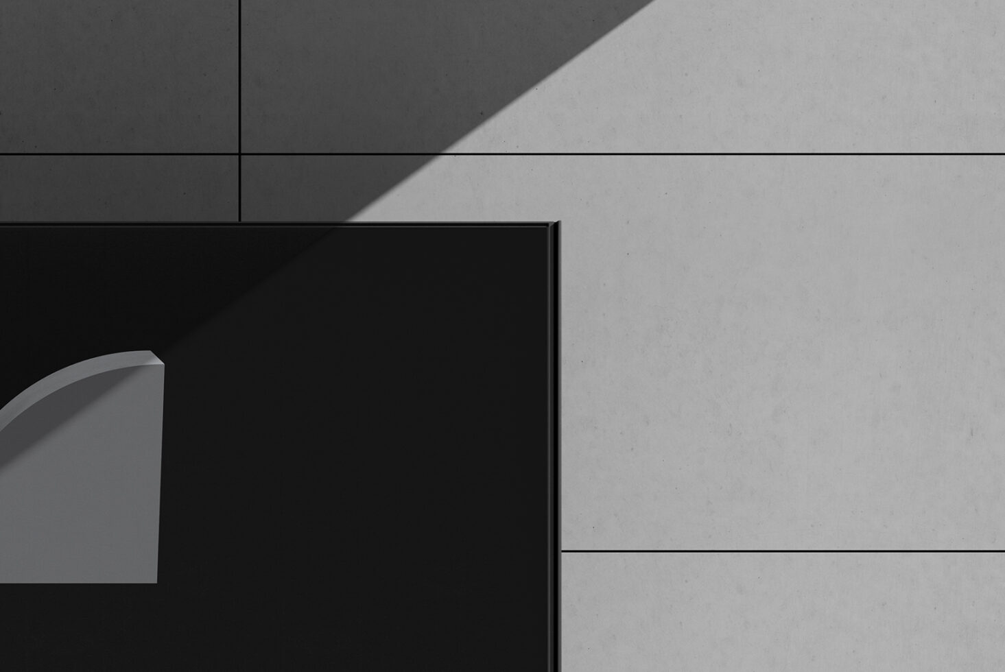 Minimalist geometric mockup with gray concrete wall and black panel. Perfect for design presentations. Ideal for digital assets on design marketplaces.
