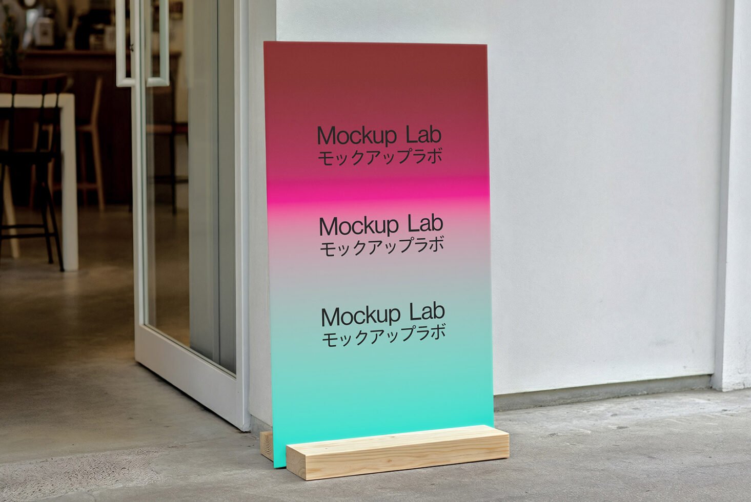 Outdoor signage mockup with gradient background placed near glass door showcasing the Mockup Lab logo highlighting modern design for visual presentations.