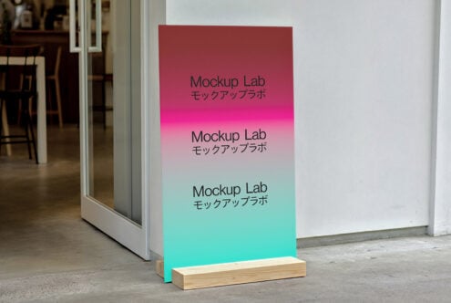 Outdoor signage mockup with gradient background placed near glass door showcasing the Mockup Lab logo highlighting modern design for visual presentations.
