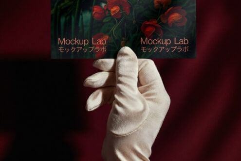 Velvet-gloved hand holding floral card mockup with Japanese text on a dark red background. Ideal for designers seeking creative templates and graphics.