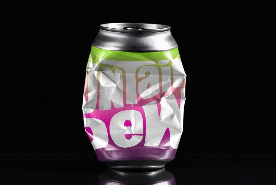 Aluminum can with colorful gradient label showing bold typography