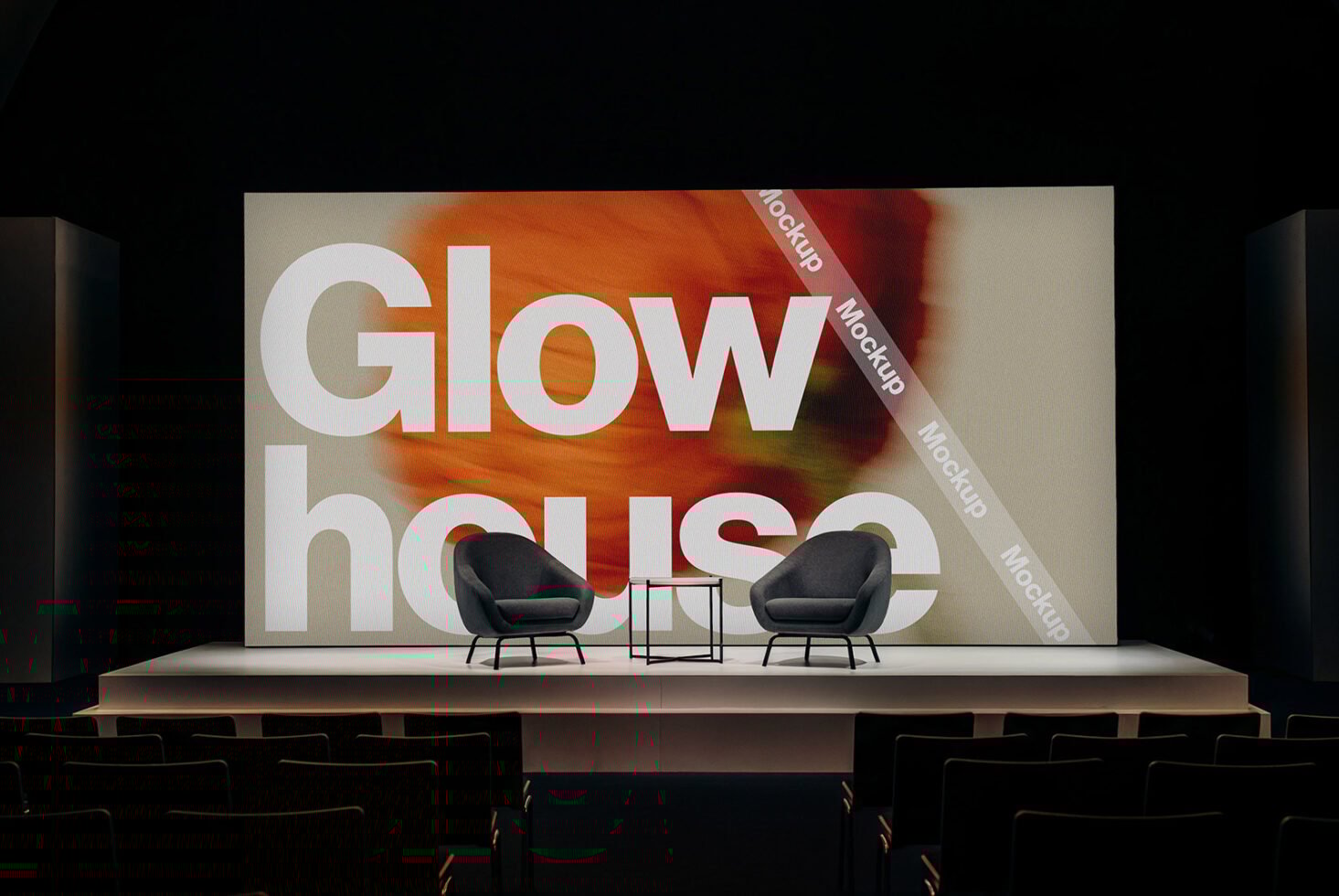 Stage mockup with Glow House display backdrop, minimalist chairs, suitable for digital designers, visual presentations, branding assets, marketing.