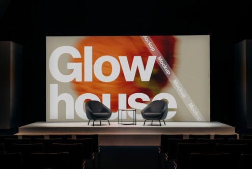 Stage mockup with Glow House display backdrop, minimalist chairs, suitable for digital designers, visual presentations, branding assets, marketing.