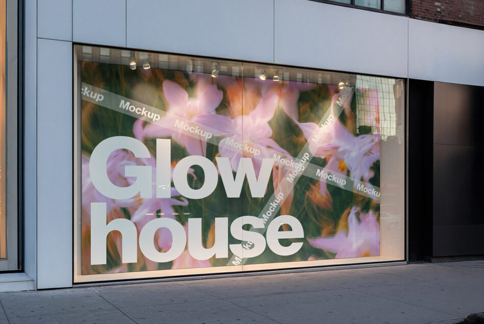 Street-level retail window display with bold white letters over floral imagery