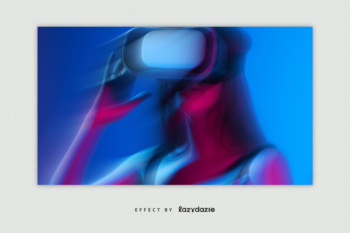 Glitch effect image of a person wearing virtual reality headset with vibrant pink and blue hues perfect for designers in digital graphics and mockups.