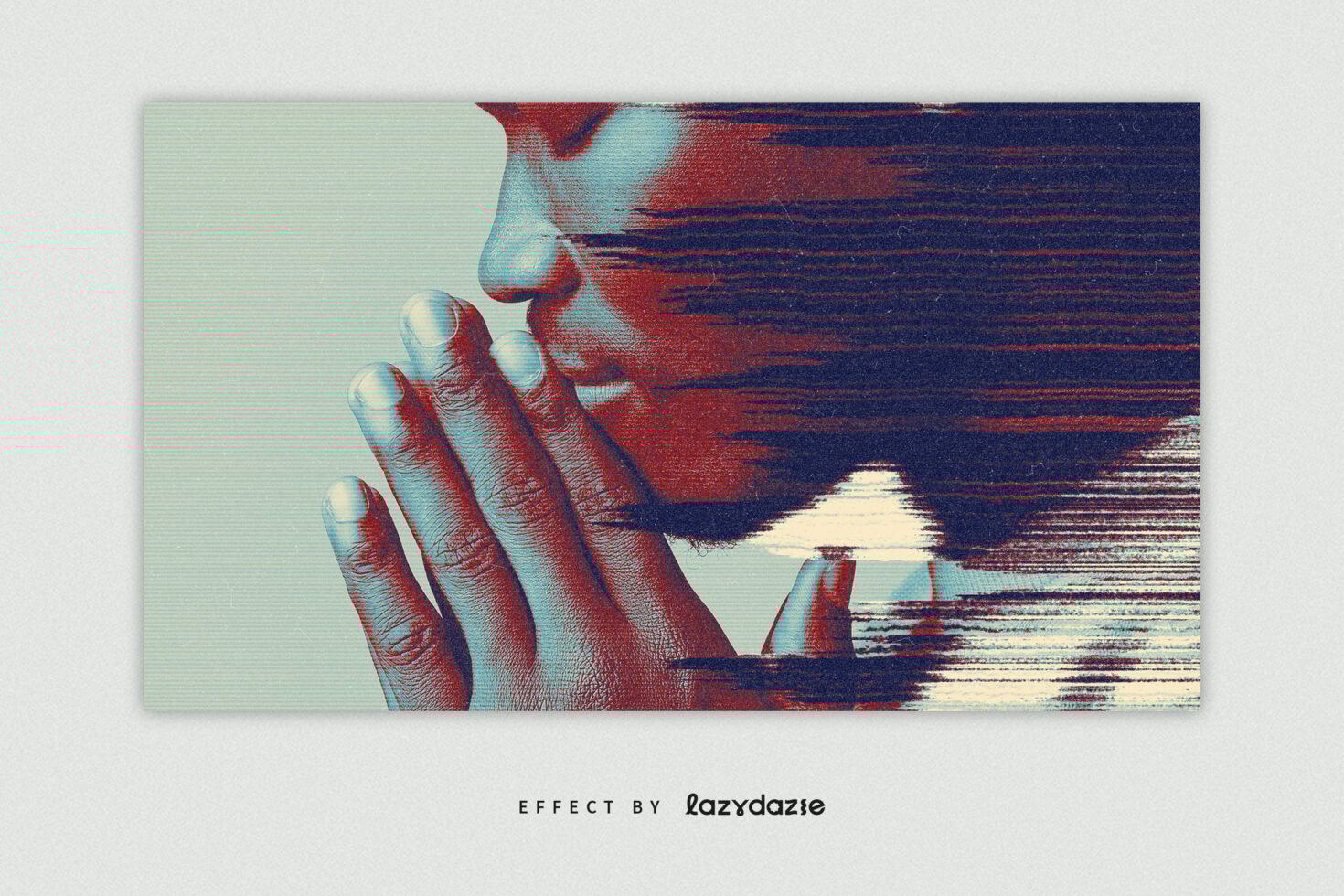 Glitch art effect on a close-up photo of a person praying. Vintage style digital asset for designers. Perfect for graphic design and creative projects.
