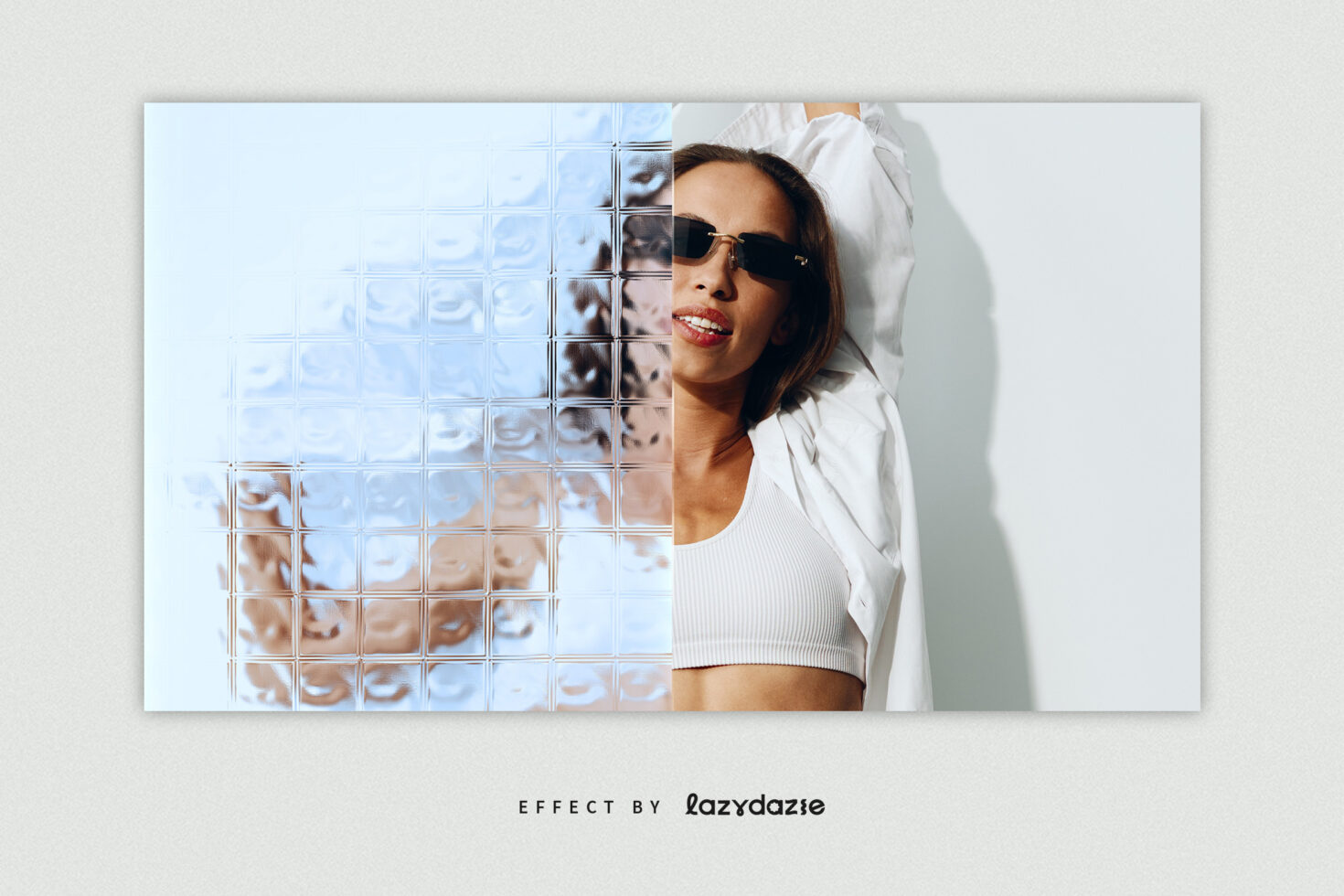 Mockup of a stylish portrait split with glass brick effect. Ideal for designers seeking unique visual graphics. Creative photography template.