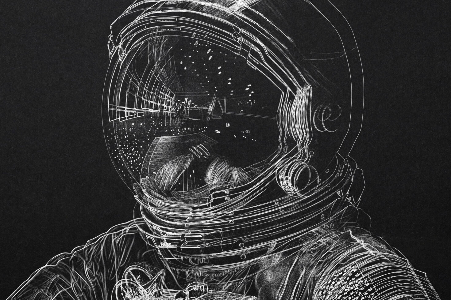 Line art of astronaut helmet with intricate details, perfect for space-themed graphics, digital asset for designers, illustration, cosmic exploration.