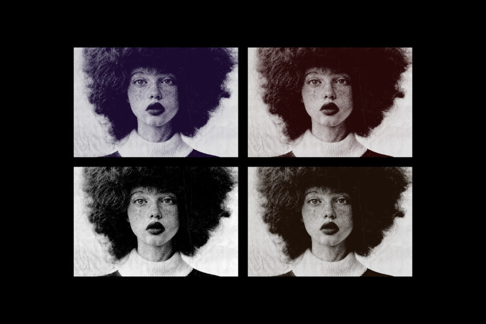 Four-panel portrait grid of woman with afro, each with different color treatment from purple to brown tones
