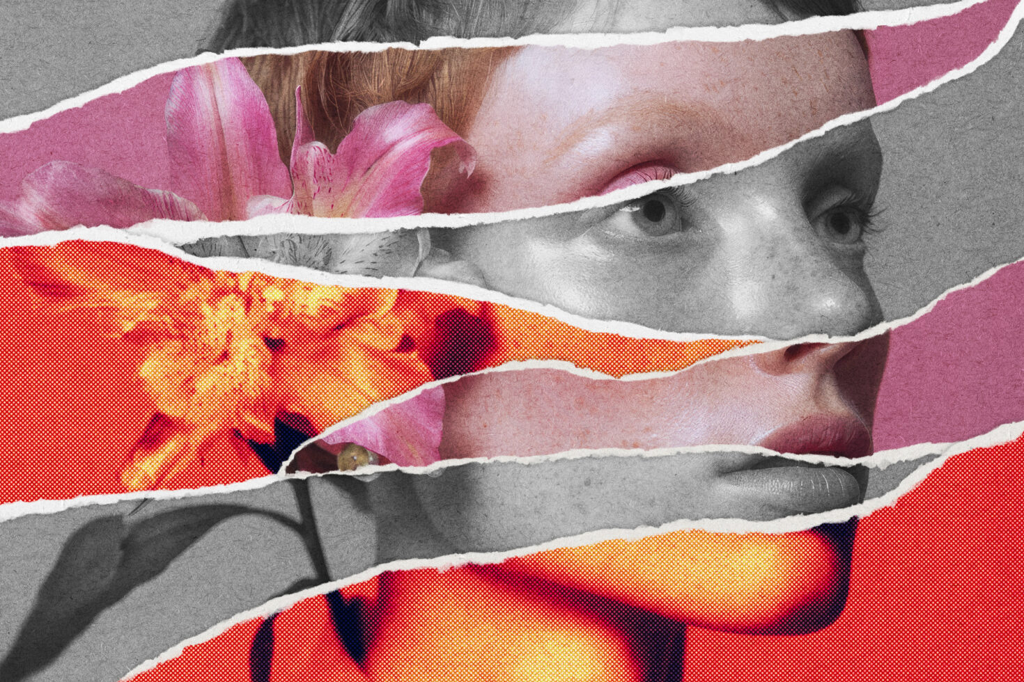 Collage with torn paper overlay showing a woman's face and pink flowers. Perfect for creative graphics, templates, design projects, and digital assets.
