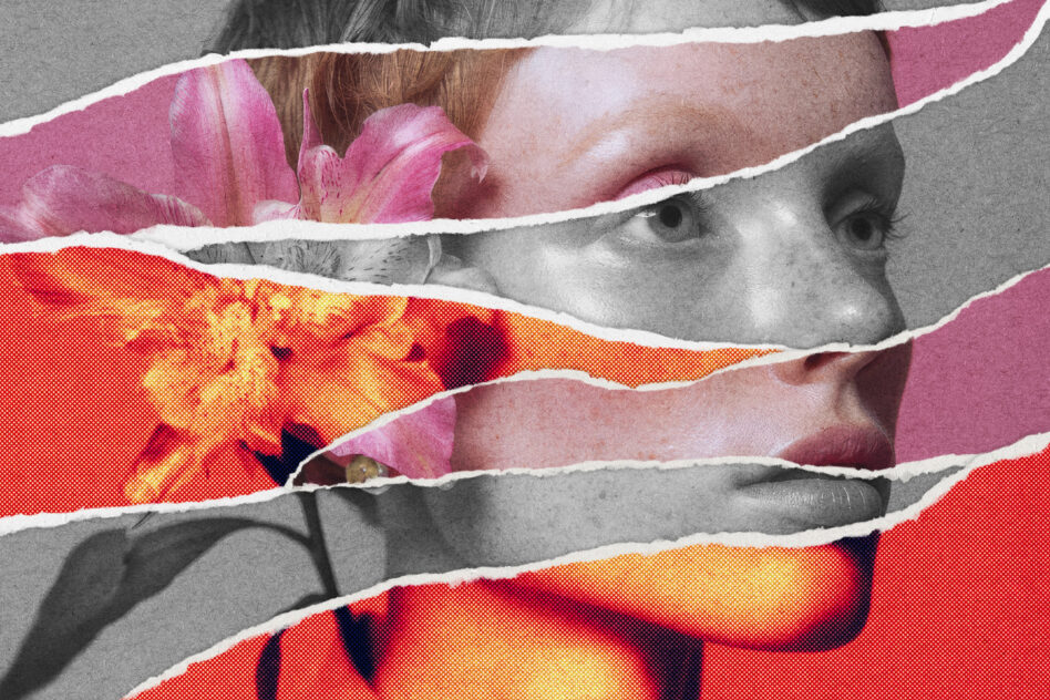 Wavy torn strips layering portrait with pink flowers, halftone pattern shows through