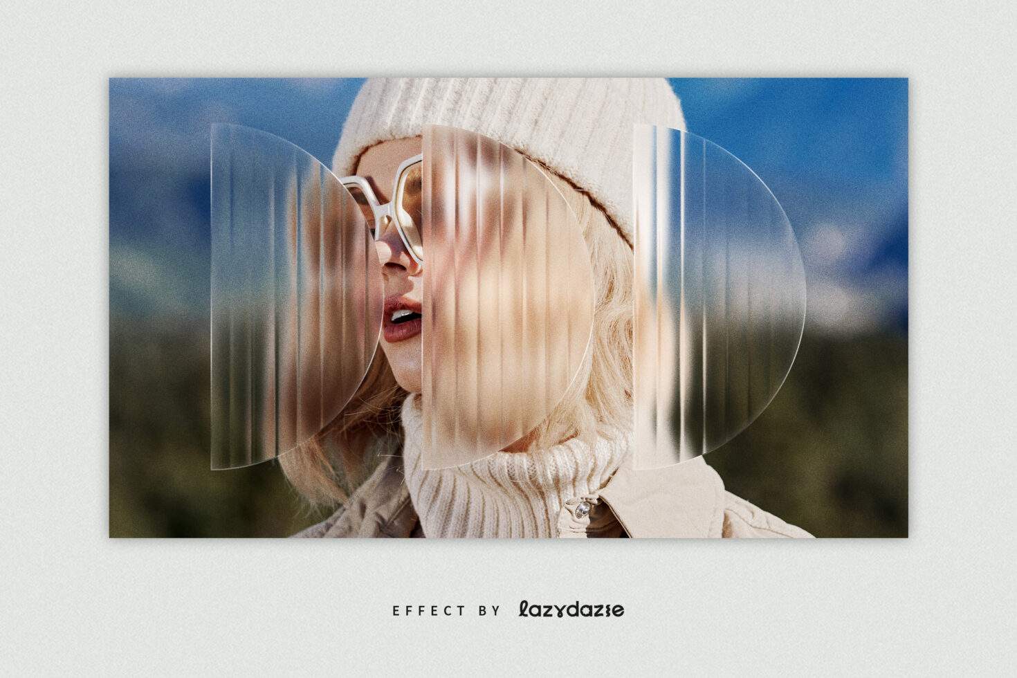 Fashion photo with a distorted glass texture overlay creating a unique effect perfect for graphic design templates or creative mockups. Nature background.