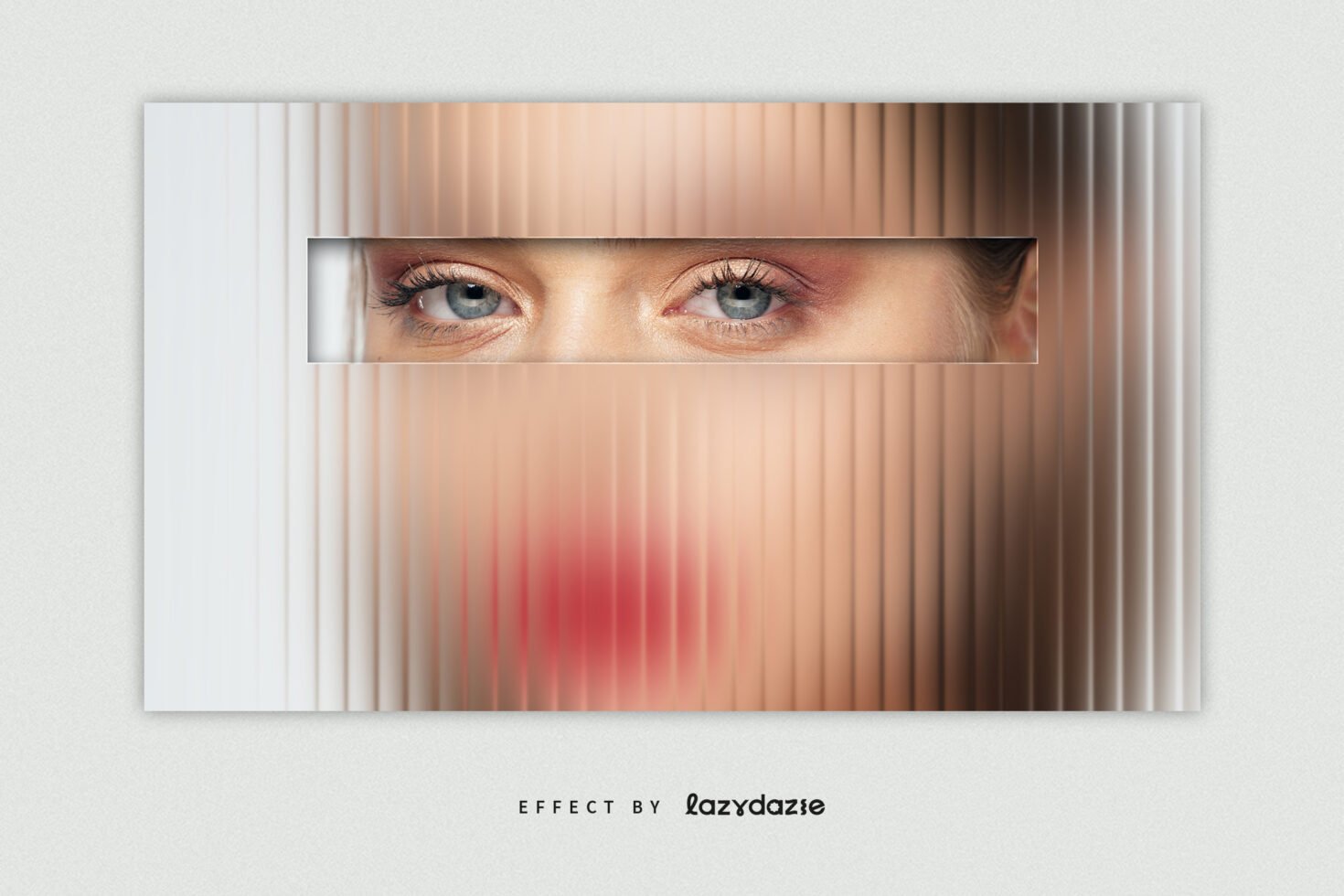 Abstract photoshop effect with vertical blinds showing eyes on blurred background. Ideal for graphic design assets templates digital art mockups.