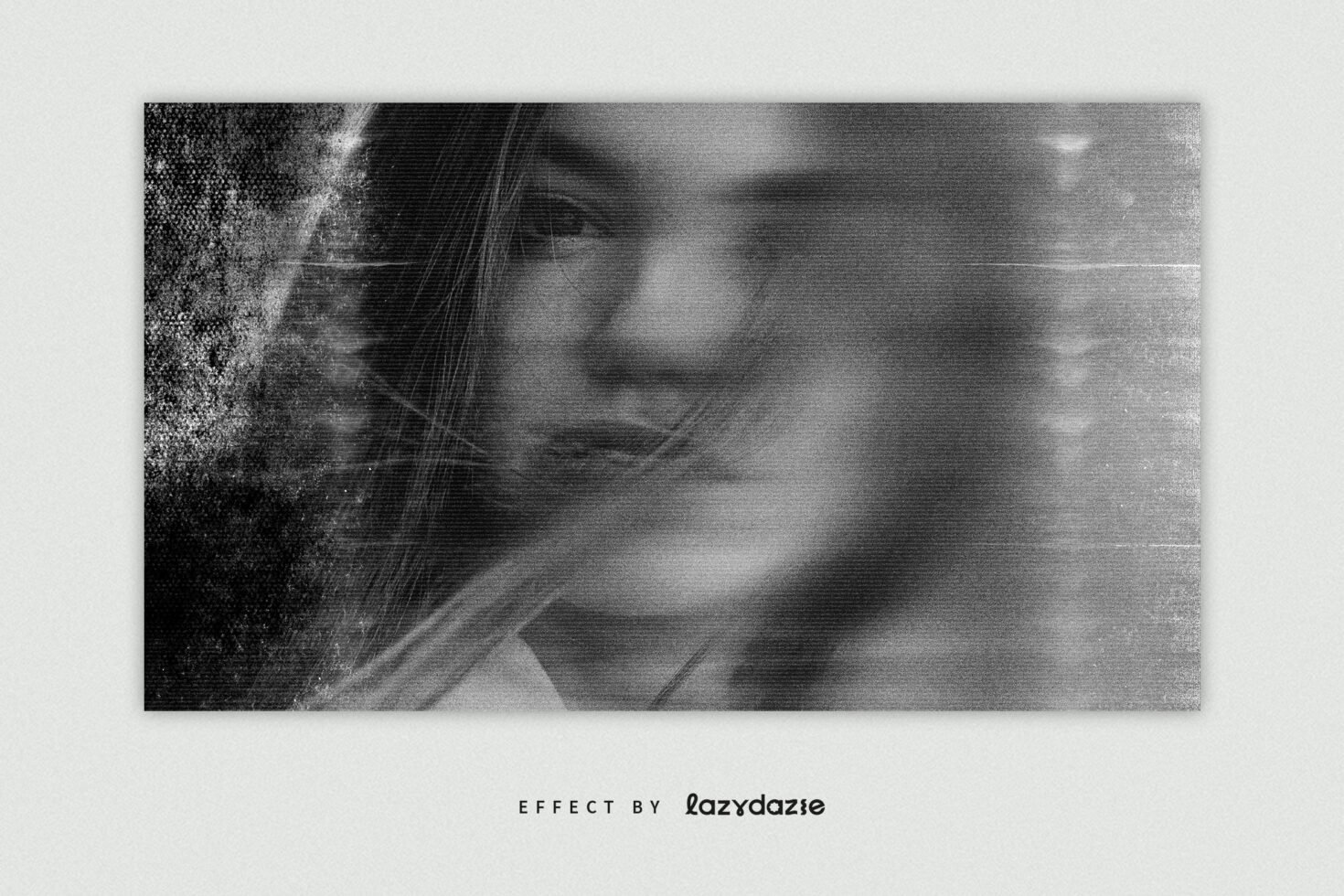 Distressed woman portrait effect showcasing vintage textures and grunge layers ideal for graphic design and mockup use in creative projects.