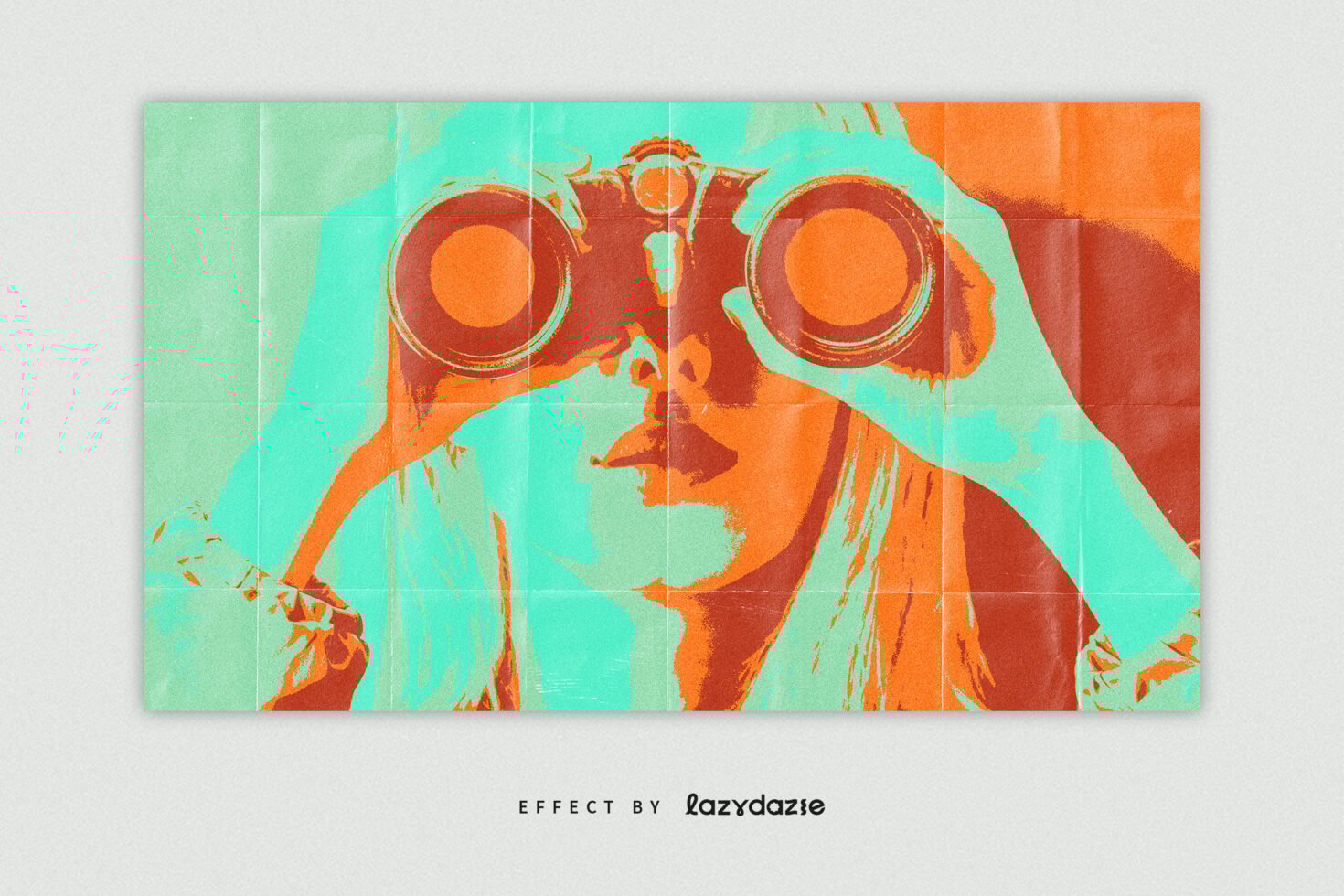 Vibrant pop art poster featuring a person with binoculars in a bold color palette. Ideal for graphic designers seeking unique digital assets or templates.