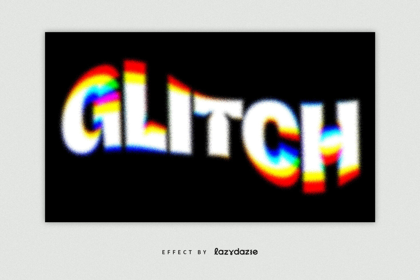 Retro glitch text effect in bold font with rainbow colors on black background for designers. Perfect for digital graphics and templates.