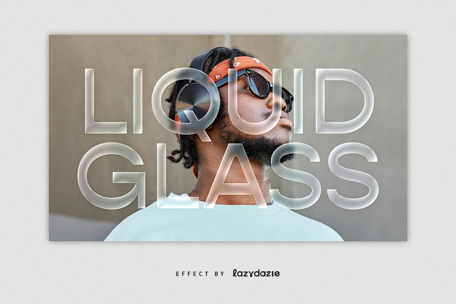 Liquid glass text effect mockup features modern design overlaying a person wearing sunglasses. Ideal for designers focused on typography graphics.